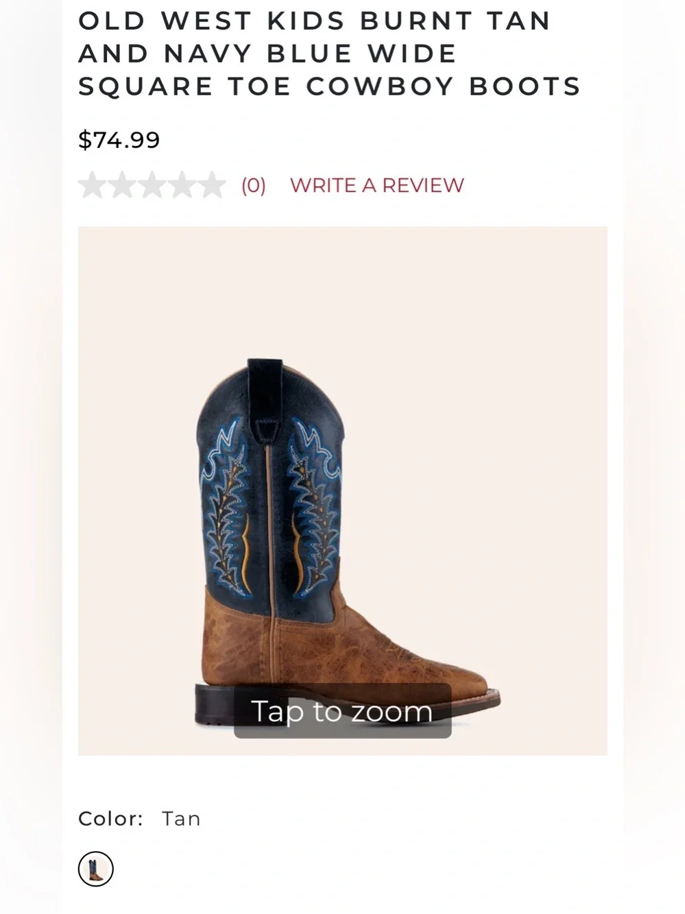 OLD WEST KIDS BURNT TAN AND NAVY BLUE WIDE SQUARE TOE COWBOY BOOTS